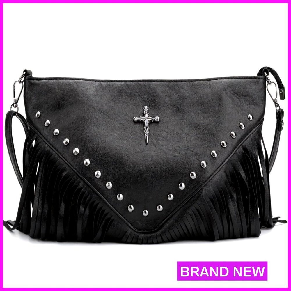 Vintage PU Leather Fringe Crossbody Hobo Purse Western Boho Studded Bag